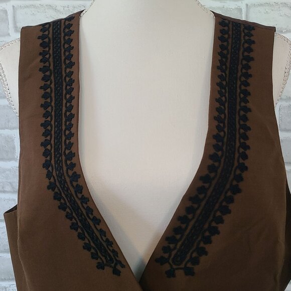 Vintage Wool Satin Brown Embroidered Vest NEW NOS Women 14 Western Acadamia - Picture 4 of 8